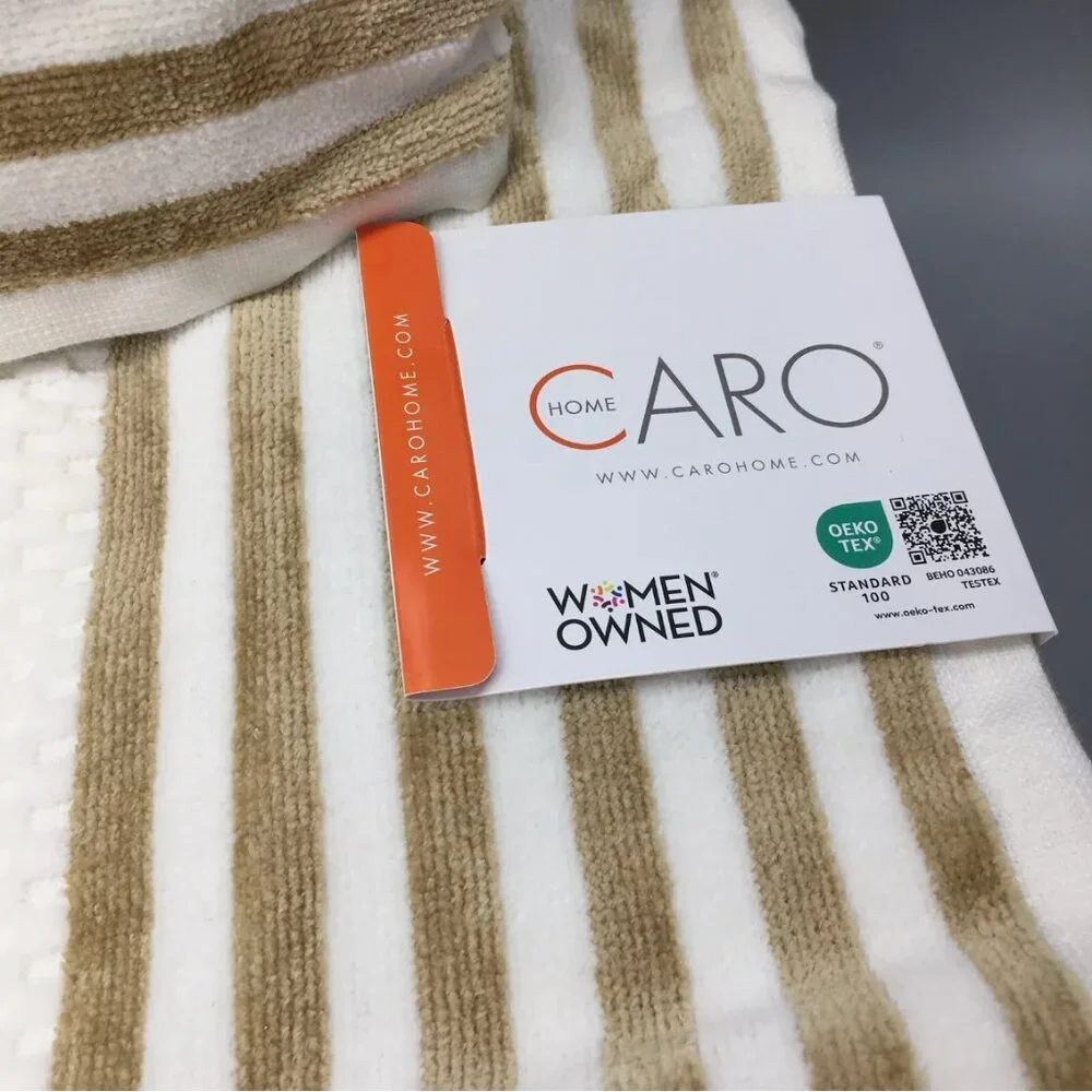 4pc Caro Gold Stripes 2 Bath 2 Hand Towel Set Luxury Velour Soft Cream Cotton
